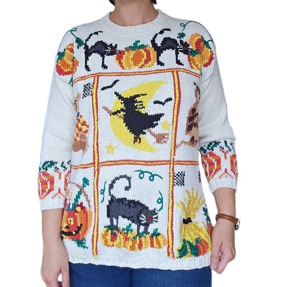 Vintage Sweaters - Vintage 90s Halloween Chunky Sweater Womens M Cat Witch Pumpkin Owl Teddy Bear